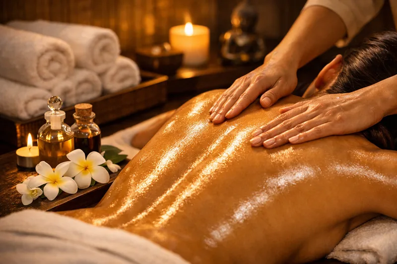 Aromatherapy oil massage with essential oils and flowers